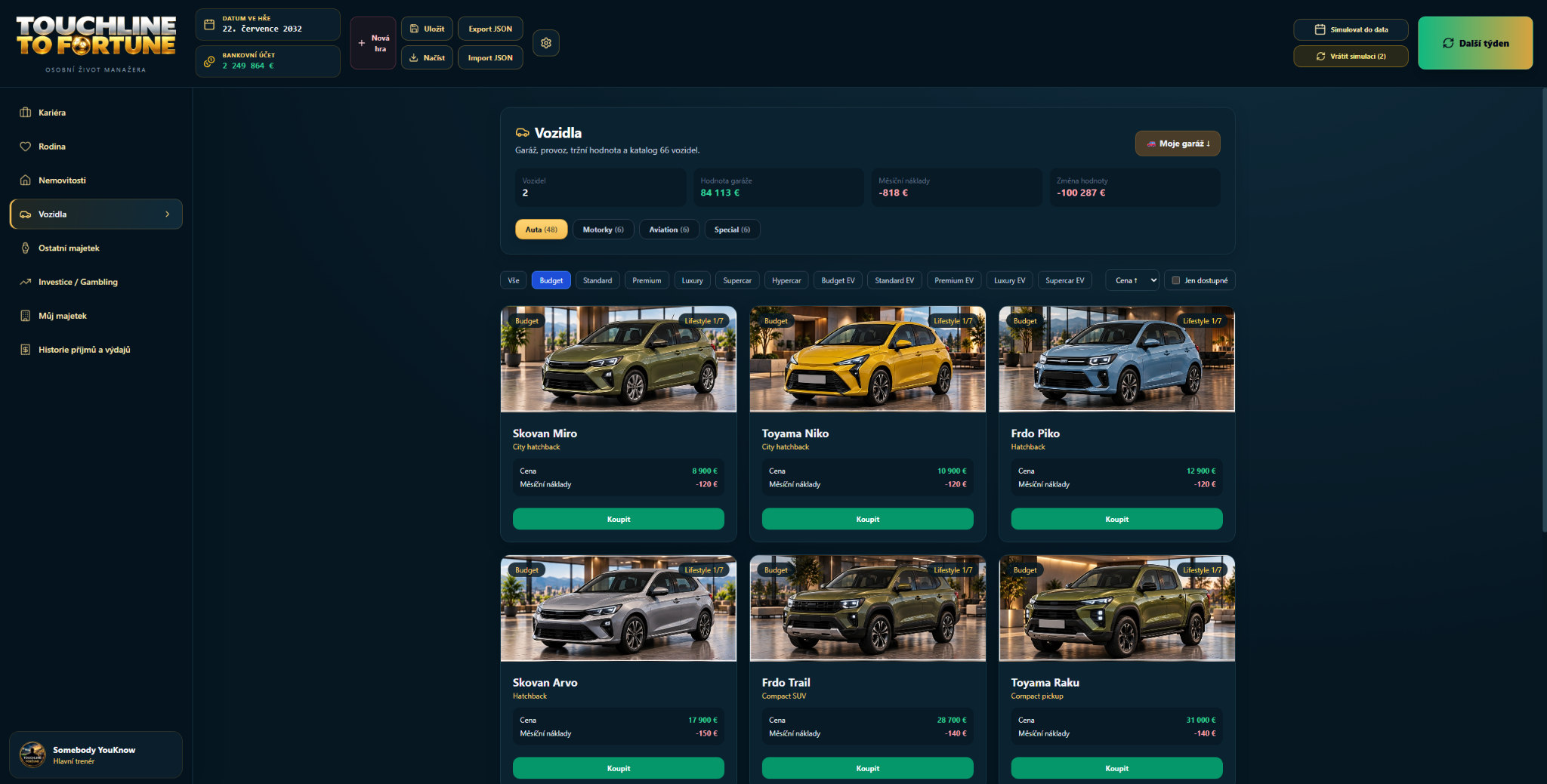 Vehicle showroom and car selection in the game