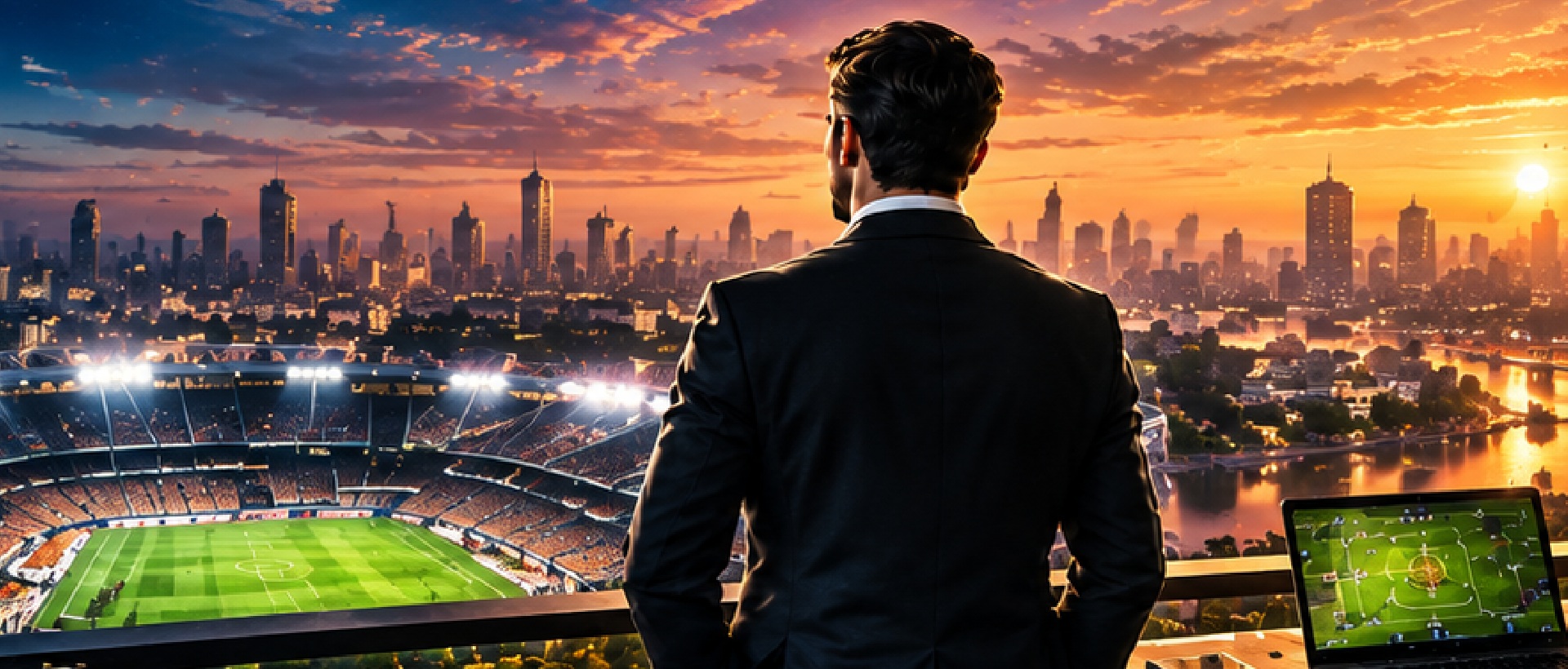 Football manager looking over a city and stadium